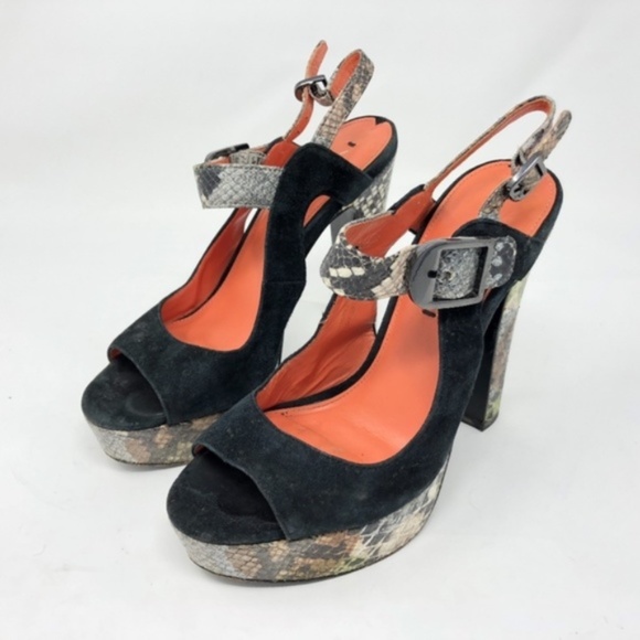 Via Spiga Marie Black Platform Chunky Heel Snake Platform Orange Camouflage - Picture 3 of 9